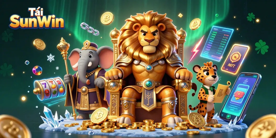 Tải SunWin showcases the lion king, wise elephant, and cheetah in a vibrant casino scene, celebrating wins.