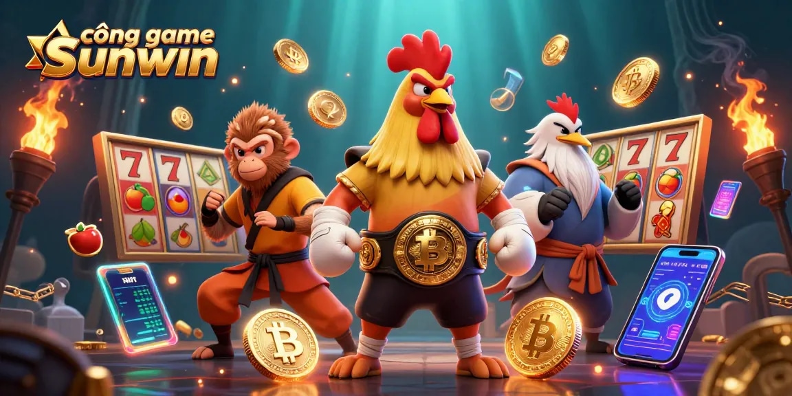 Engage with cổng game sunwin in this vibrant scene featuring animated characters and classic slot elements.