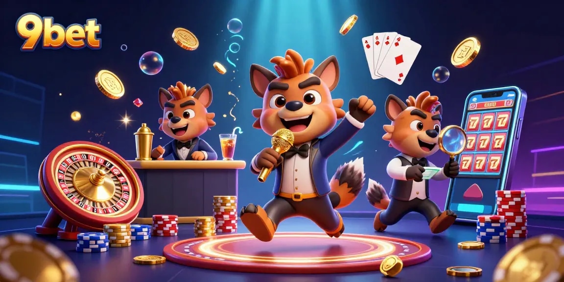 Engage with 9bet's vibrant casino atmosphere, featuring hyenas in a comedy club.