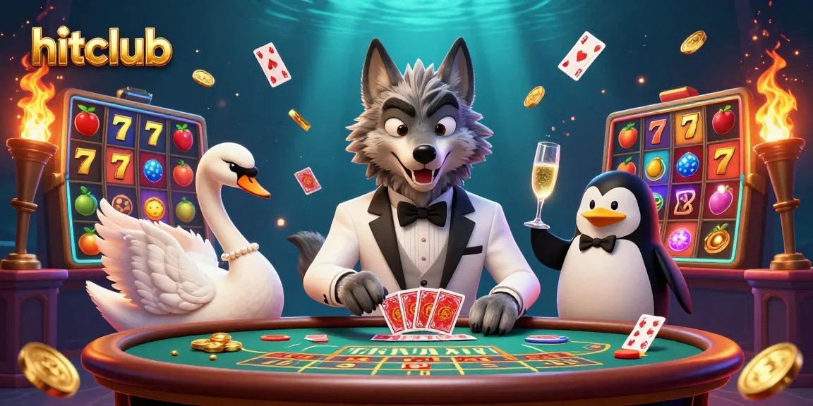 Hitclub players enjoy exciting slot games with vibrant characters in a lively casino scene.