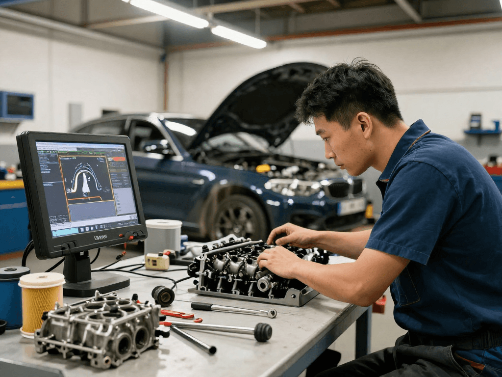 Professioneller Service in der BMW Werkstatt Hannover mit Mechaniker, der an einem Motor arbeitet.
