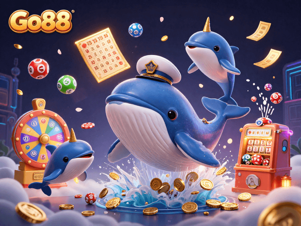 Experience the thrill of Go88 with a playful 3D whale, narwhal, and dolphins in a vibrant casino scene.