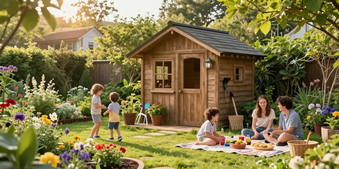 Gartenhaus kaufen: Familien genießen einen sonnigen Tag vor ihrem neuen Gartenhaus mit Blumen und Spielzeug.