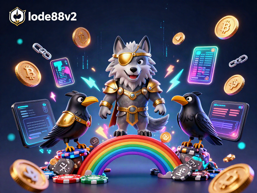 Experience the excitement of lode88v2's gaming realm with a vibrant 3D scene illustrating Odin and his ravens surrounded by dazzling casino elements.