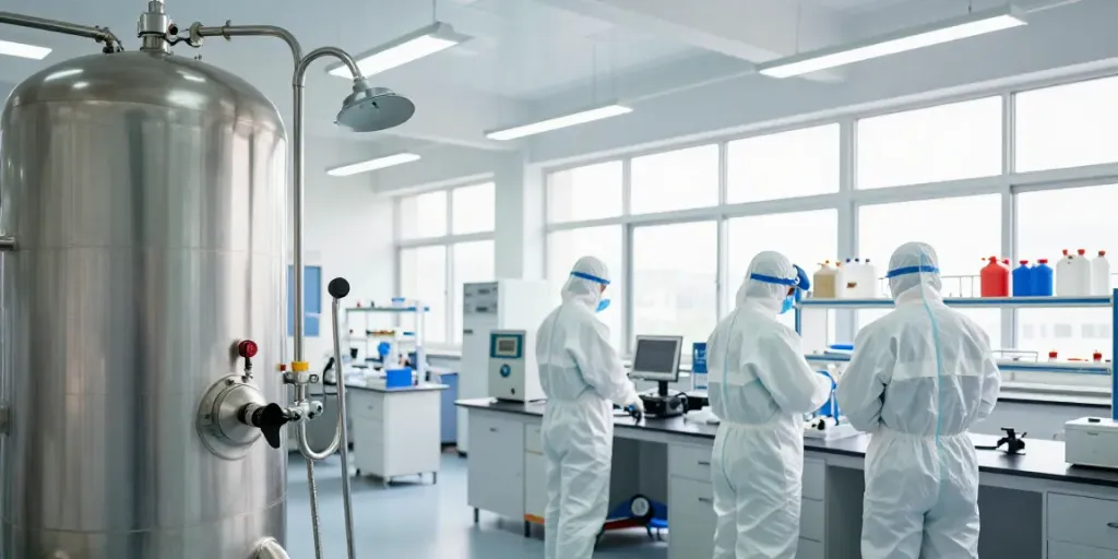 Tanknotdusche für Industrie in a modern lab, highlighting safety protocols with technicians conducting checks.