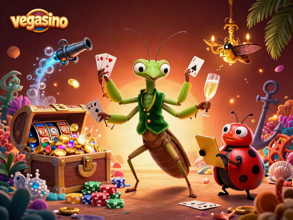Experience thrilling slots at vegasino with vibrant characters in a festive casino scene.