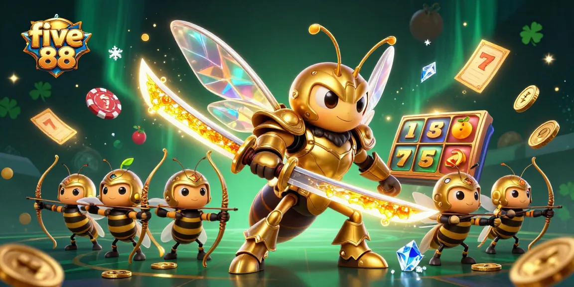 Engage with dynamic five 88 slots action featuring a golden hornet and vibrant casino elements.
