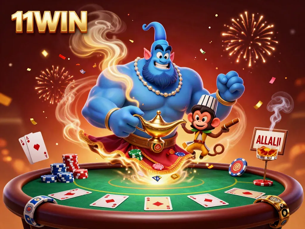 Engage in thrilling casino adventures with 11WIN, featuring magical characters and festive poker elements.