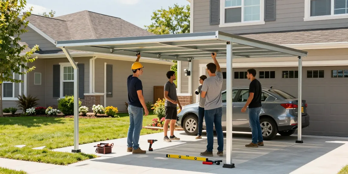 Installation eines Carports, Handwerker bei der Montage an einem sonnigen Tag mit Werkzeugen.