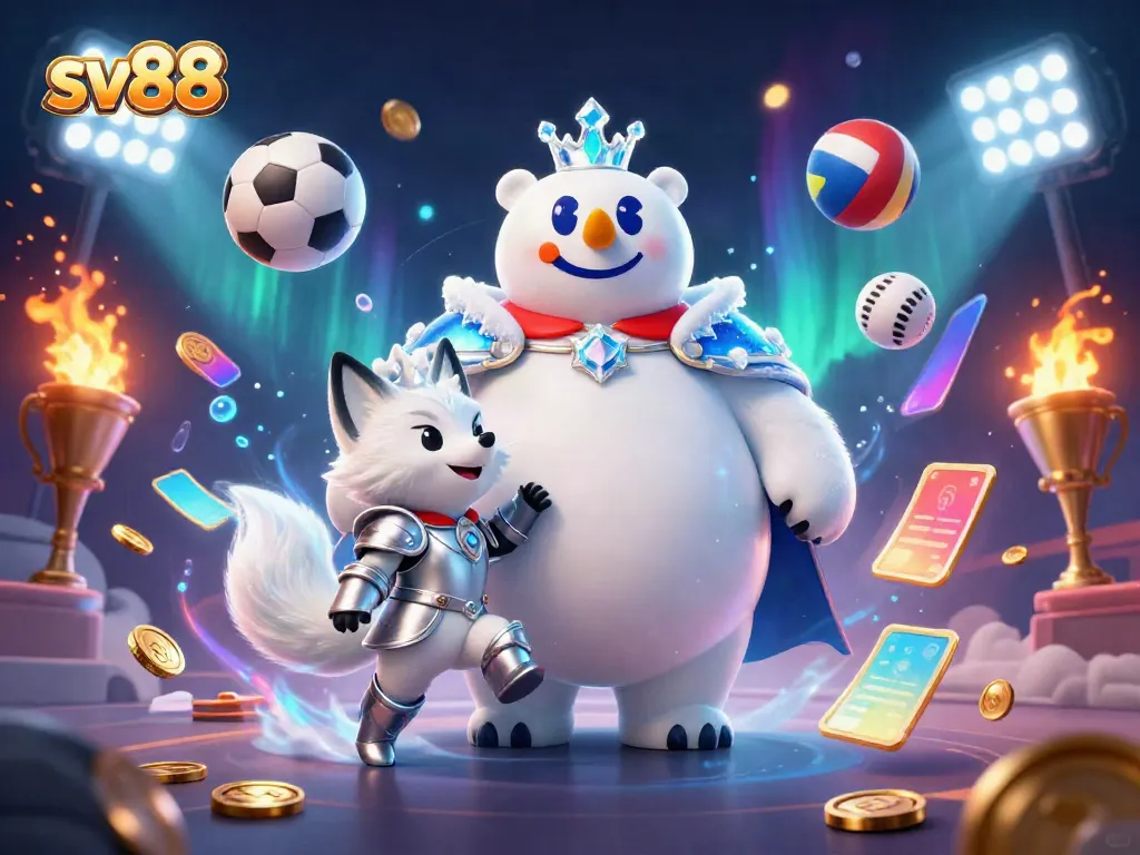 Experience the excitement of sv88 with a dynamic 3D illustration of a polar bear and fox in a thrilling casino scene.