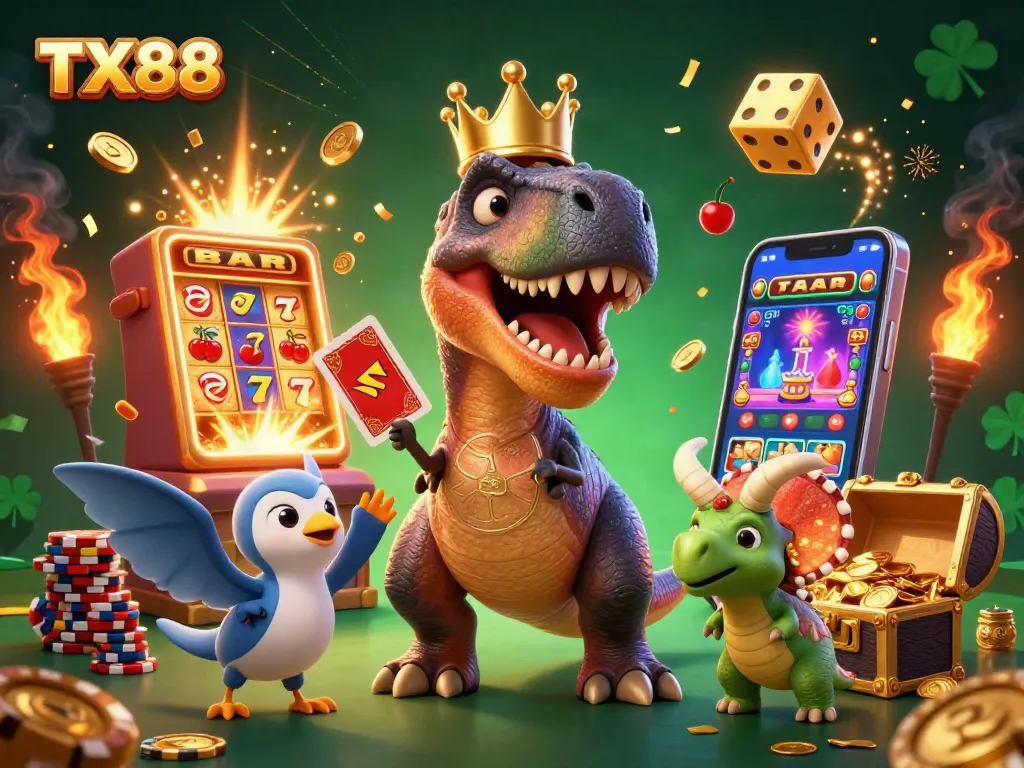 Experience thrilling jackpot wins with TX88's dynamic gaming characters in a vibrant casino scene.