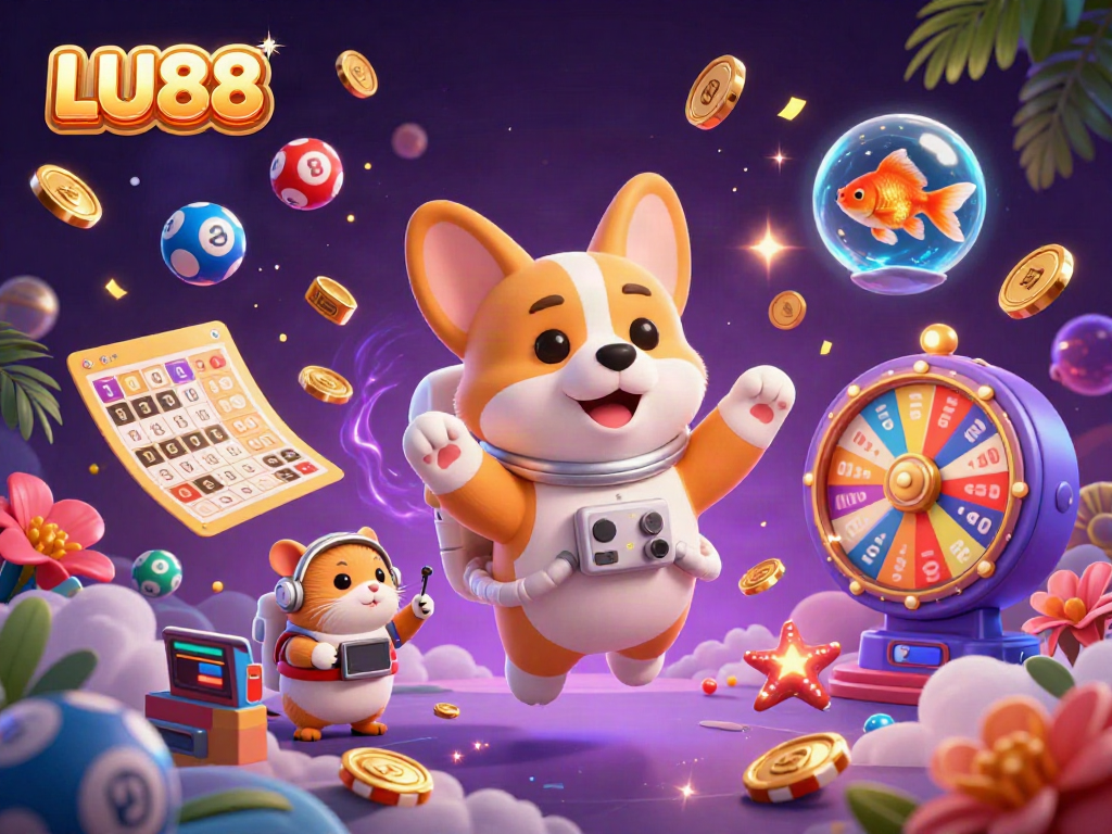 LU88 brings excitement with a space-themed casino illustration featuring a floating corgi and colorful lottery elements.