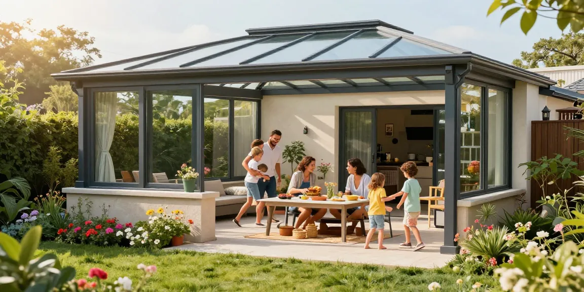 Elegante Terrassenüberdachungen mit Familie bei einem Picknick im Garten genießen.