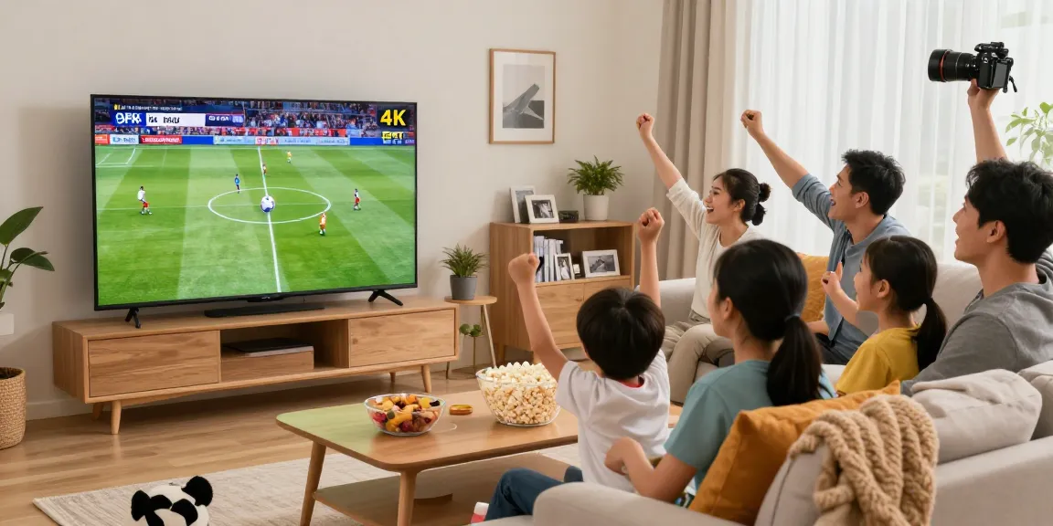 Family enjoying IPTV Premium content on a 4K TV in a cozy living room.