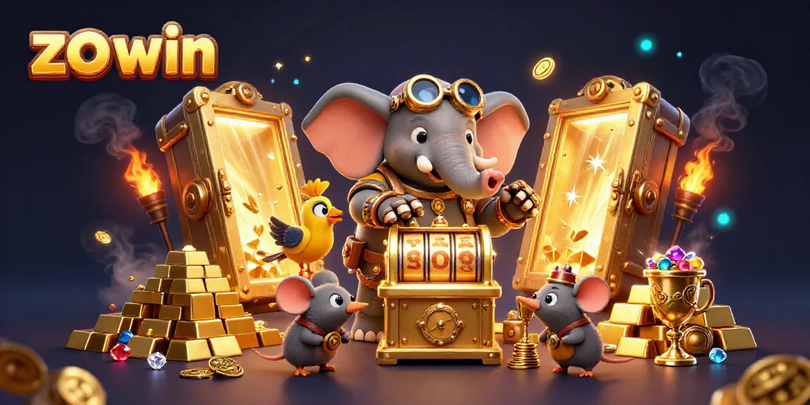 Experience the thrill of zo win with a steampunk elephant operating a golden slot machine amidst treasures.