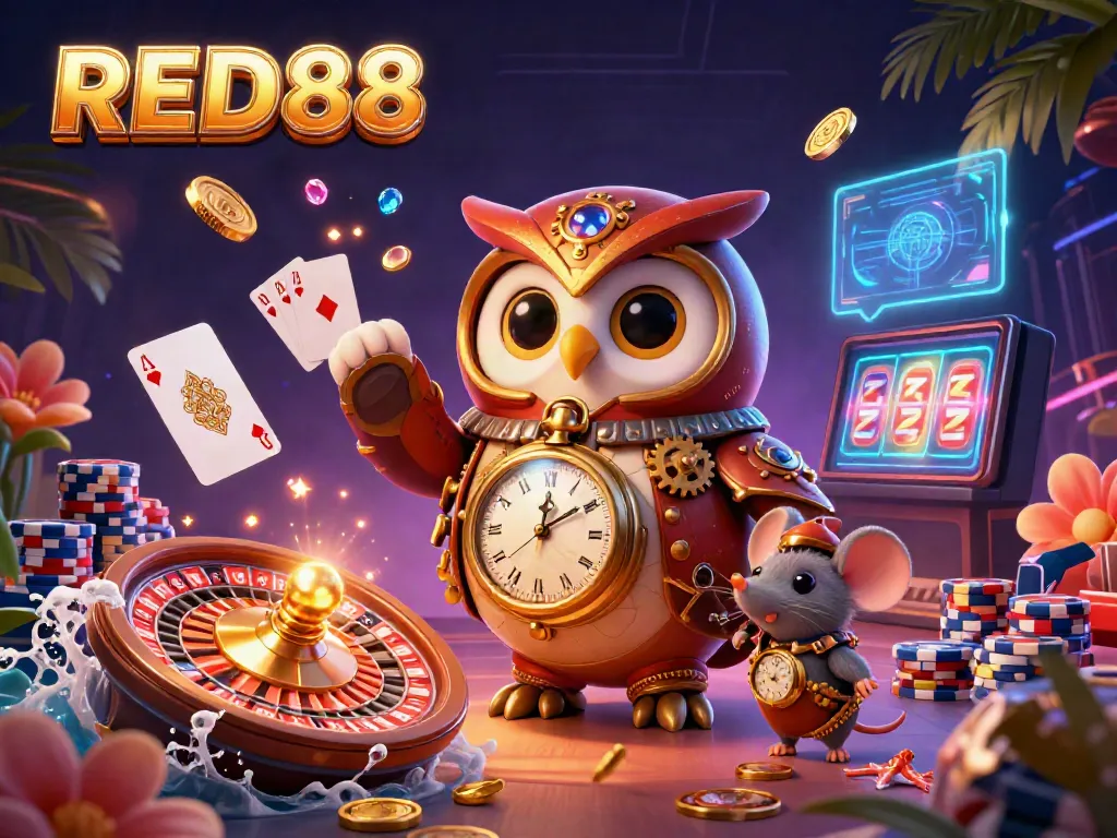 Experience the excitement of RED88 with vibrant casino elements and a thrilling atmosphere featuring a time-traveler owl.