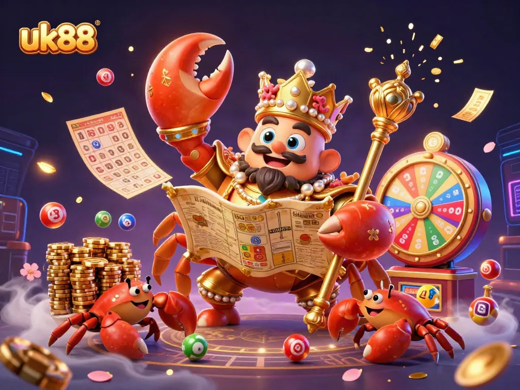 Bet on exciting games at uk88 with a stunning 3D illustration featuring a golden crab emperor.