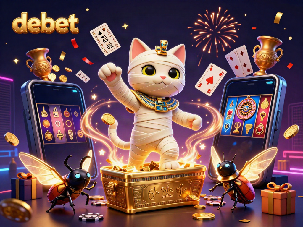 Experience debet's thrilling casino adventure with an Egyptian mummy cat and glowing scarab beetle.