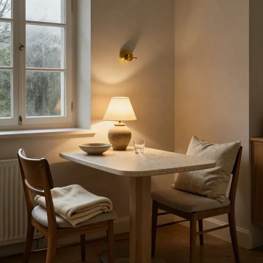 Münchner Familienecke mit zwei Stühlen, Decke, Lampe und ruhiger Tischszene.
