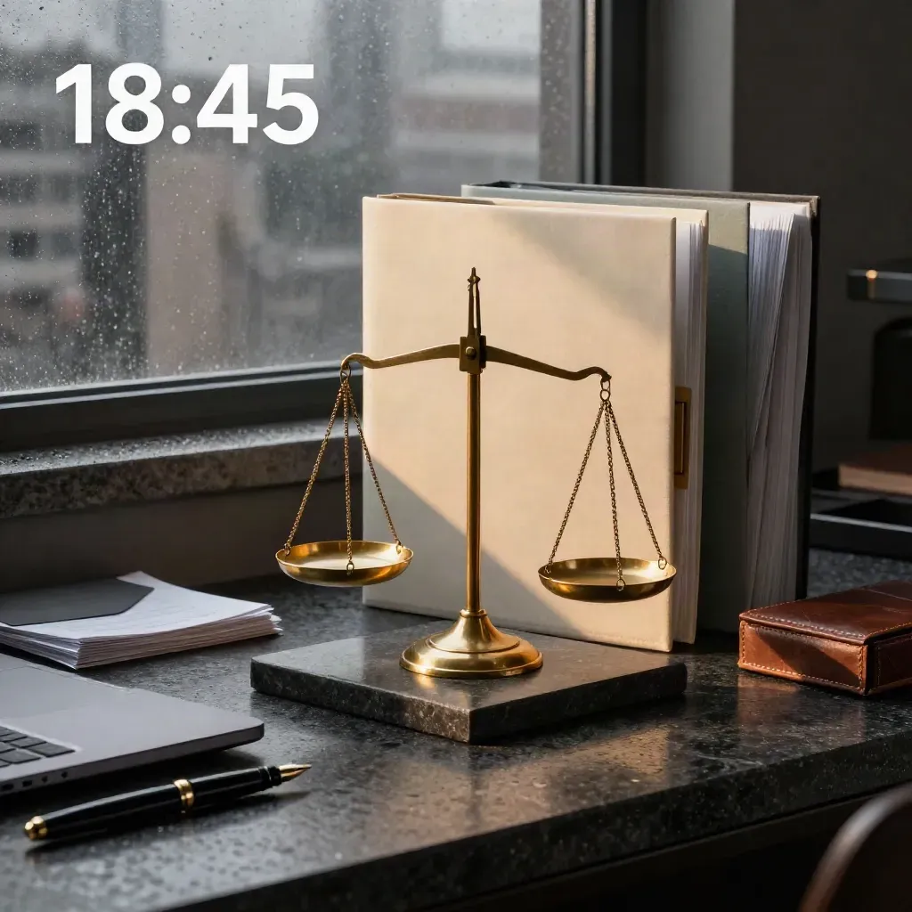 Brasswaage und Akten im dramatischen Abendlicht in einem Anwaltsbüro