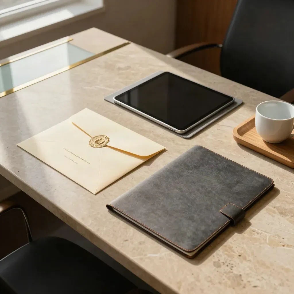Von oben: vorbereiteter Beratungstisch mit Umschlag, Tablet, Mappe und Tasse in ruhigem Kanzleiraum.