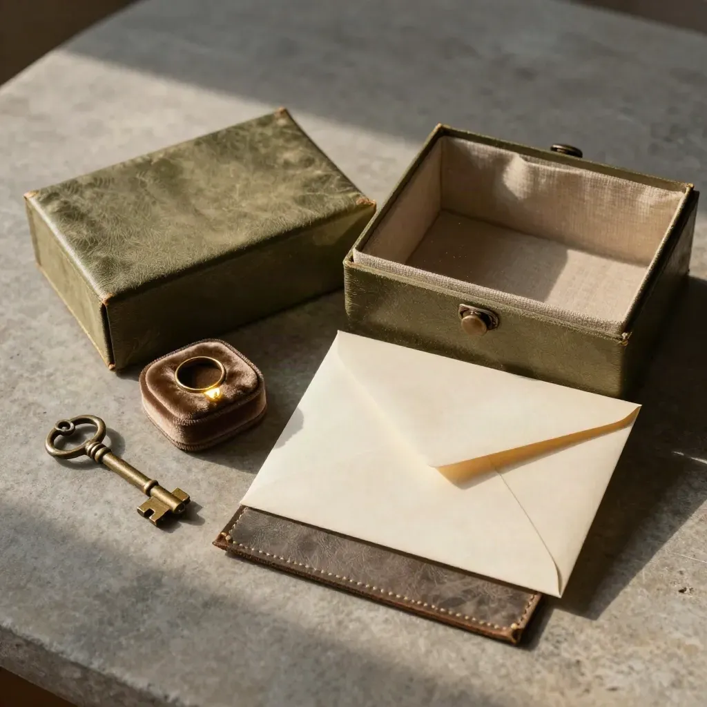 Erbbox mit Schlüssel, Ringschachtel und verschlossenem Brief auf Steintisch von oben.