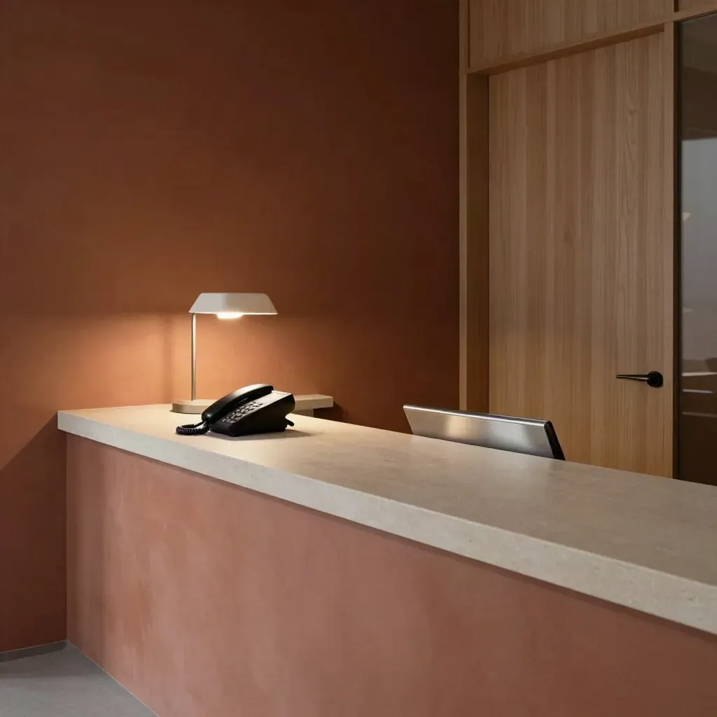 Minimalistische Kanzlei-Rezeption mit Telefon, Ablage und Lampe im warmen Licht.