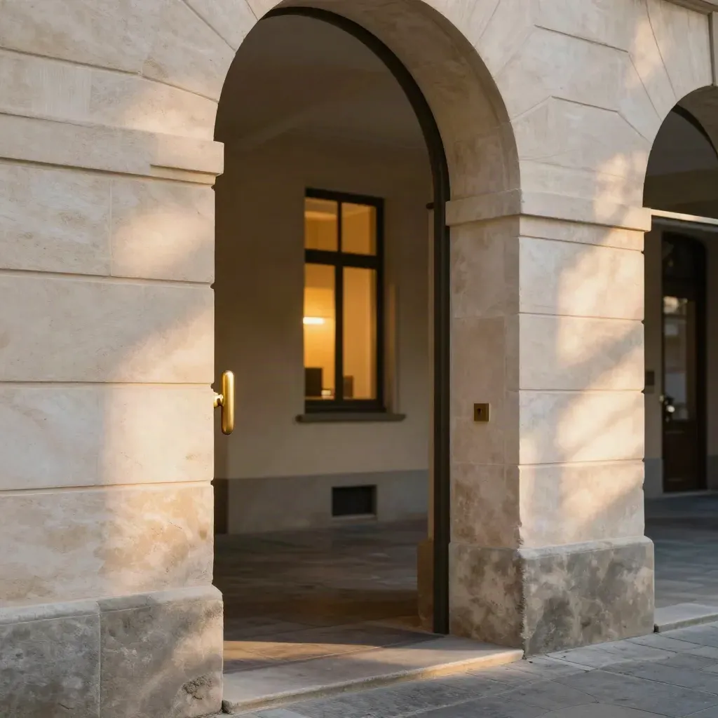 Licht durch Münchner Arkade, heller Büroraum und stiller Durchgang im warmen Stein.