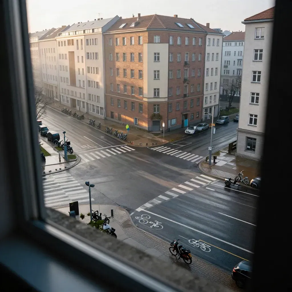 Berlin-Kreuzung von oben mit nassen Straßen, Fahrradspuren und Morgennebel