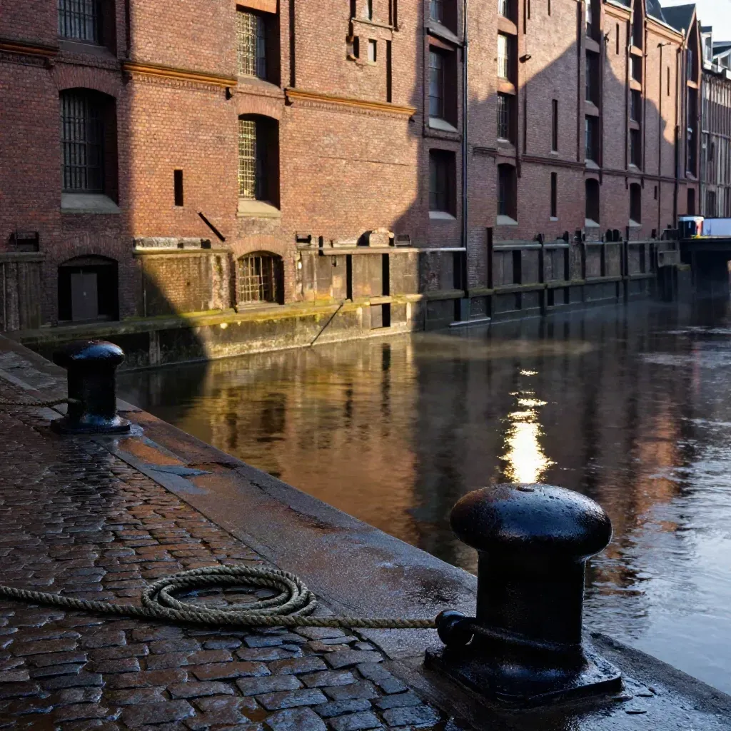 Niedriger Blick auf Hamburger Hafenquai mit Backstein, Pollern, Wasserreflexen und warmen Bürolichtern.