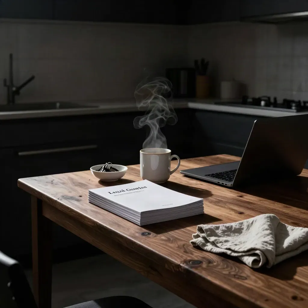 Küchentisch mit Ratgeberstapel, Tasse, Schale für Schlüssel und abgewandtem Laptop im Dämmerlicht.