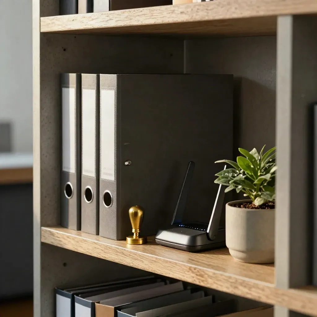 Regal mit Aktenmappen, Messingstempel, Router und Pflanze im warmen Seitenlicht.