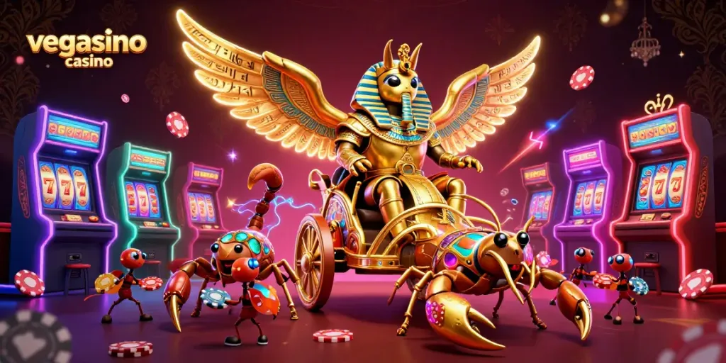 Experience the excitement of vegasino casino with vibrant gaming elements and a dynamic golden scarab scene!