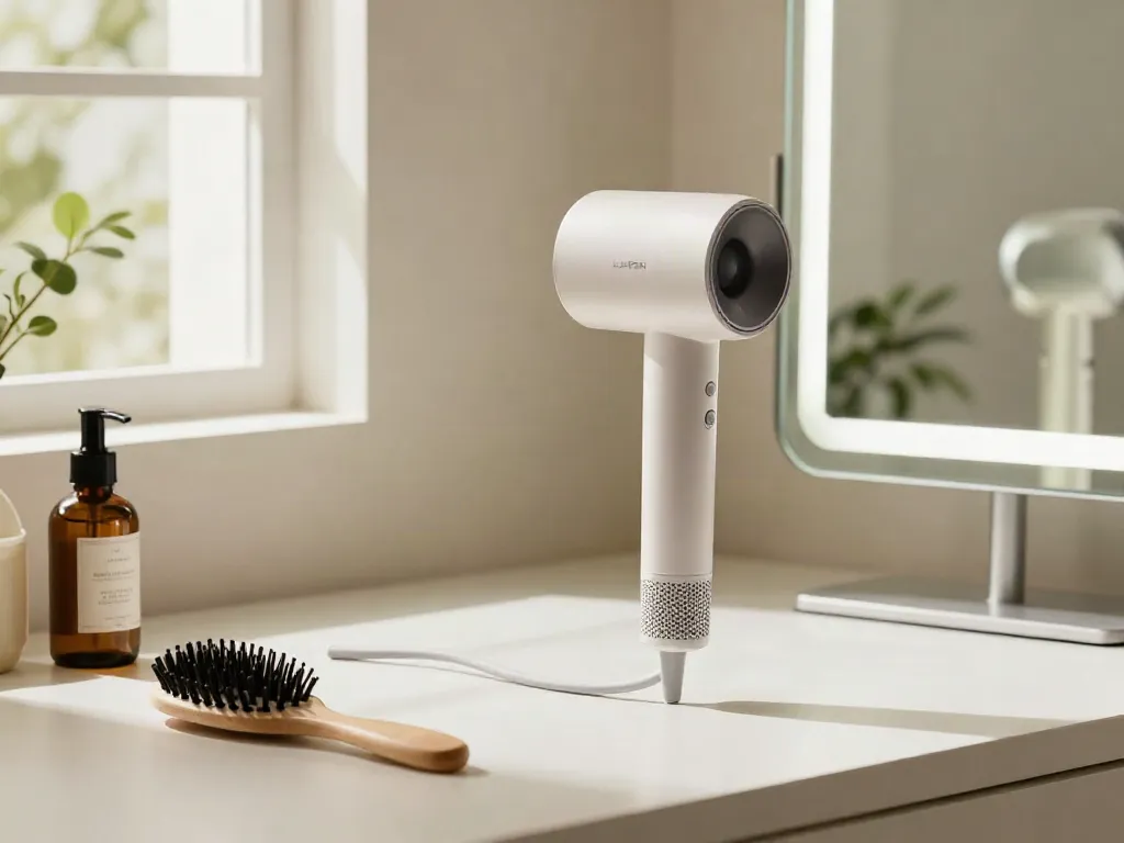 Laifen Air Pro Haartrockner neben dem Glowy Schminkspiegel auf einem Badezimmerwaschtisch, warmes Licht und stilvolle Accessoires.