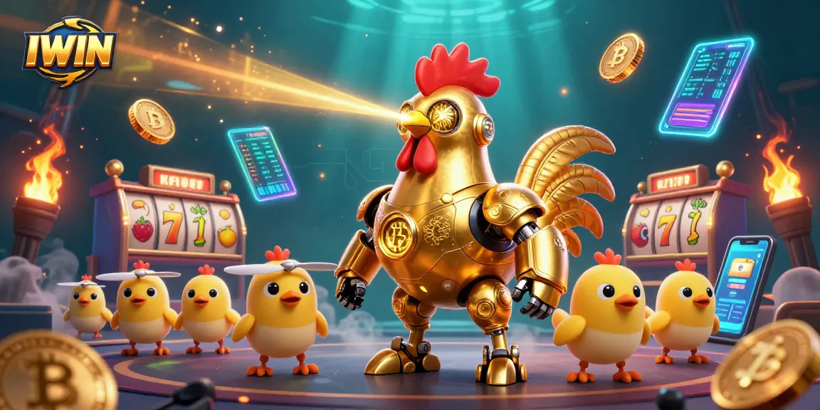 IWIN showcases a dynamic casino scene with a golden rooster robot and vibrant gambling elements.