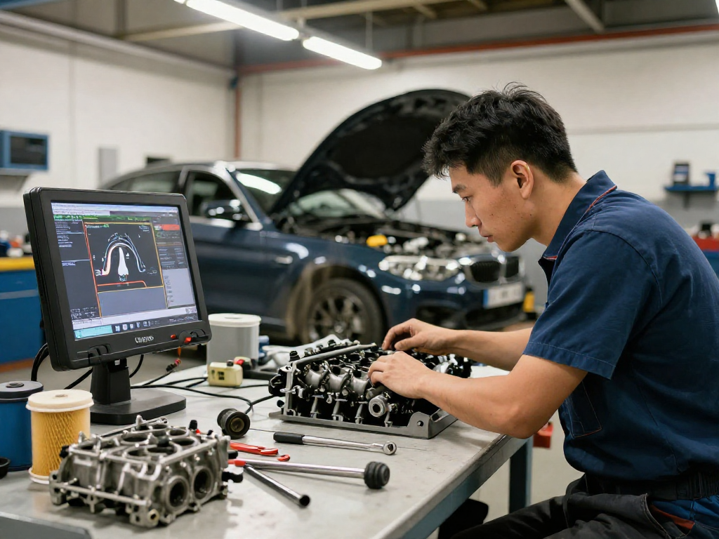 Professioneller Service in der BMW Werkstatt Hannover mit Mechaniker, der an einem Motor arbeitet.