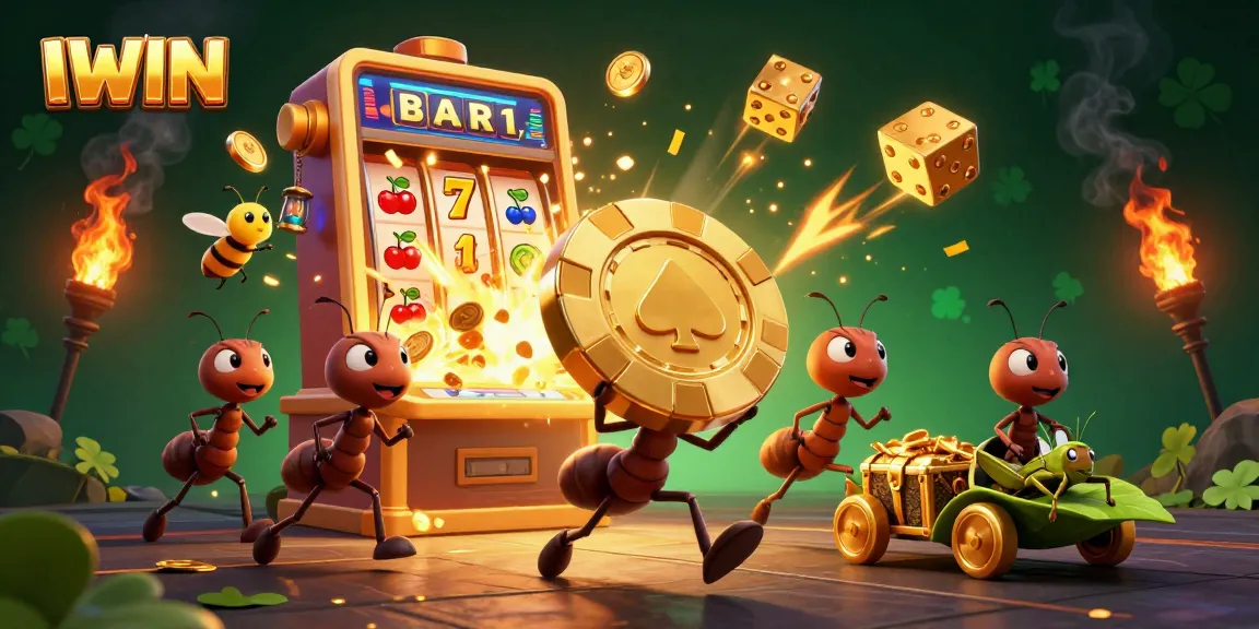 IWIN Slot Adventure: Ants on a heist with a giant poker chip in a vibrant, animated casino scene