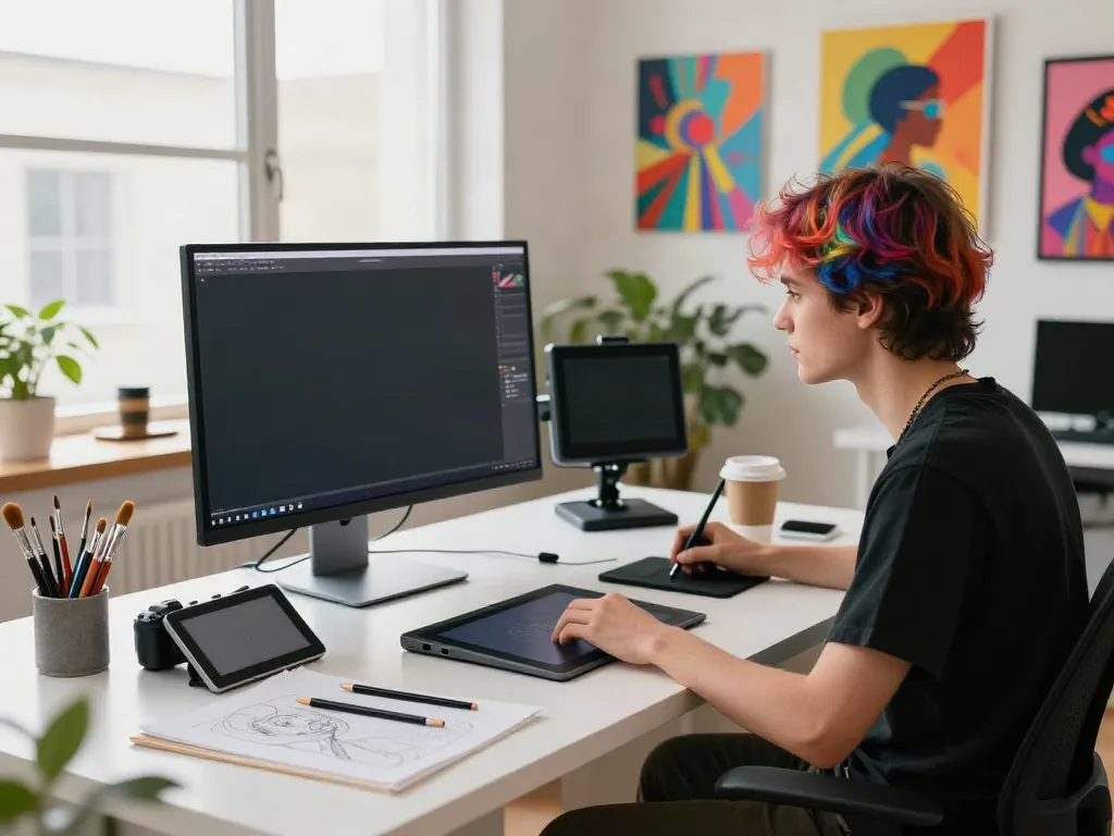 Artist creating stunning 18+ ai-generated artwork in a modern studio filled with creative tools.