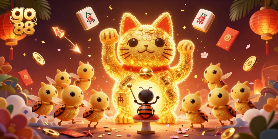 Experience the thrill of go 88 with our vibrant golden lucky cat, surrounded by casino symbols and festive decorations.