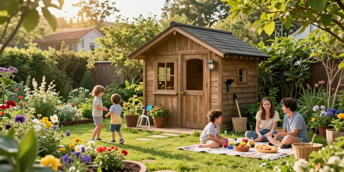 Gartenhaus kaufen: Familien genießen einen sonnigen Tag vor ihrem neuen Gartenhaus mit Blumen und Spielzeug.