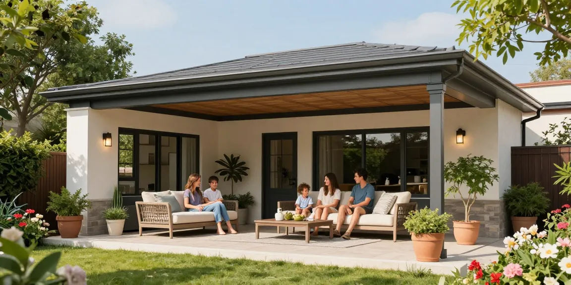 Familie genießt die Terrasse unter einer freistehenden Terrassenüberdachung.