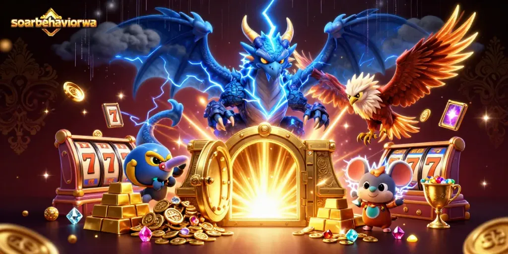 Engage with soarbehaviorwa's dynamic casino adventure, showcasing a thrilling 3D illustration of winning elements.