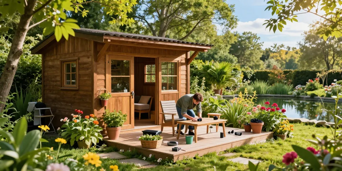 Gartenhaus Holz in einem einladenden Garten mit blühenden Pflanzen und Möbeln.