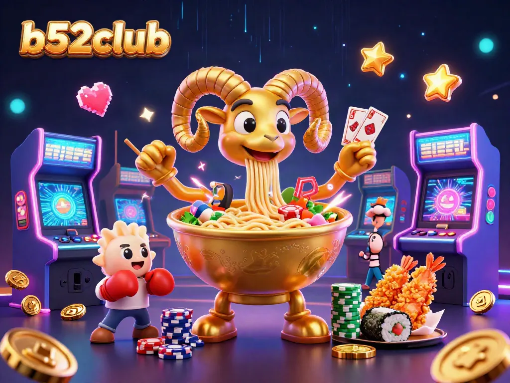 b52club showcases a vibrant casino scene with a giant ramen bowl dealer, delivering a winning experience