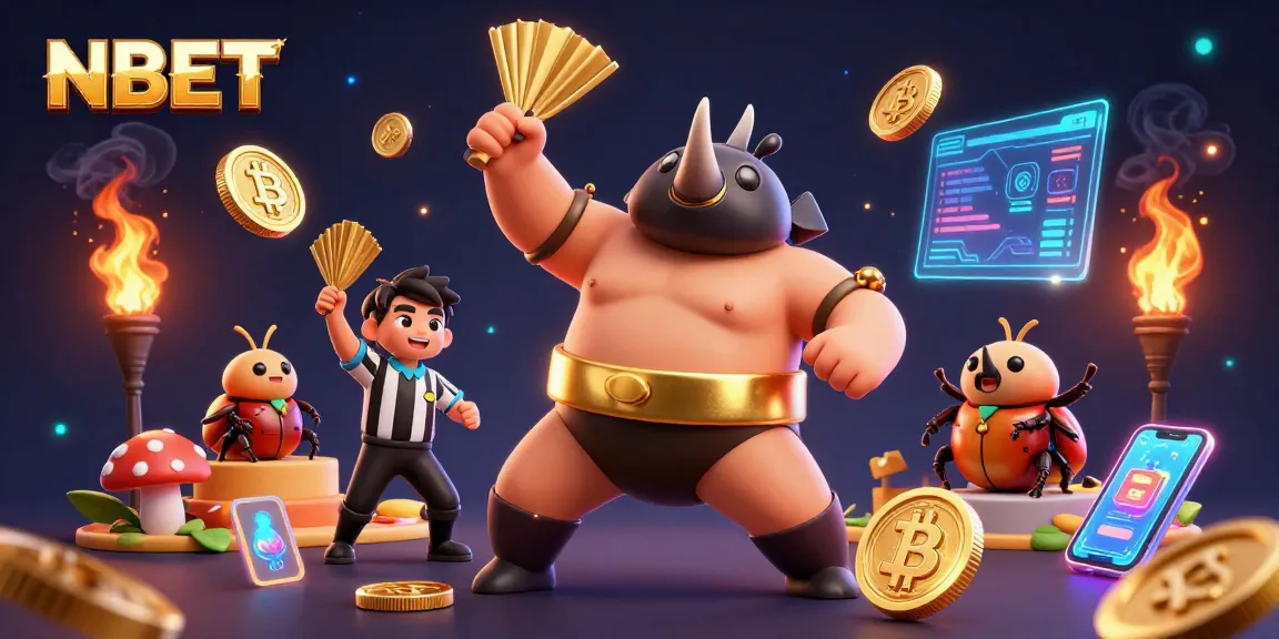 Engage with the thrilling world of NBET as the beetle champion competes, sending golden coins flying in a vibrant casino setting.