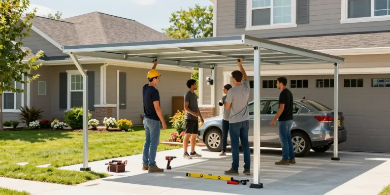 Installation eines Carports, Handwerker bei der Montage an einem sonnigen Tag mit Werkzeugen.