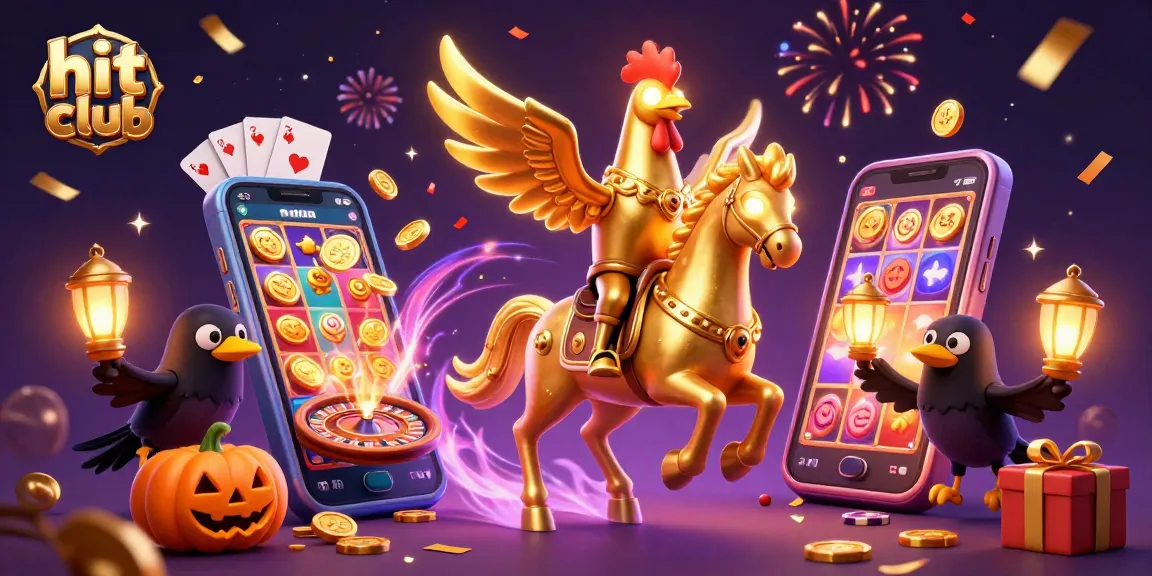 Hit club illustration showcasing a golden rooster in a casino environment with vibrant gaming elements