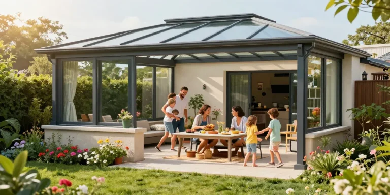 Elegante Terrassenüberdachungen mit Familie bei einem Picknick im Garten genießen.