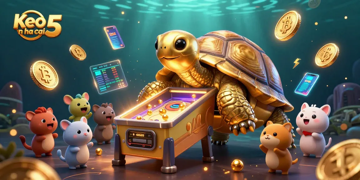 Experience exciting Keo nha cai 5 action with a lively golden tortoise pinball machine in this colorful casino illustration.