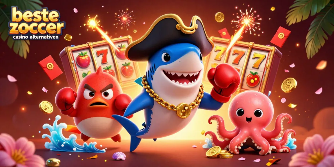 Entdecken Sie beste Zoccer Casino Alternativen mit einem 3D-Piratenhai und Cartoon-Elementen.